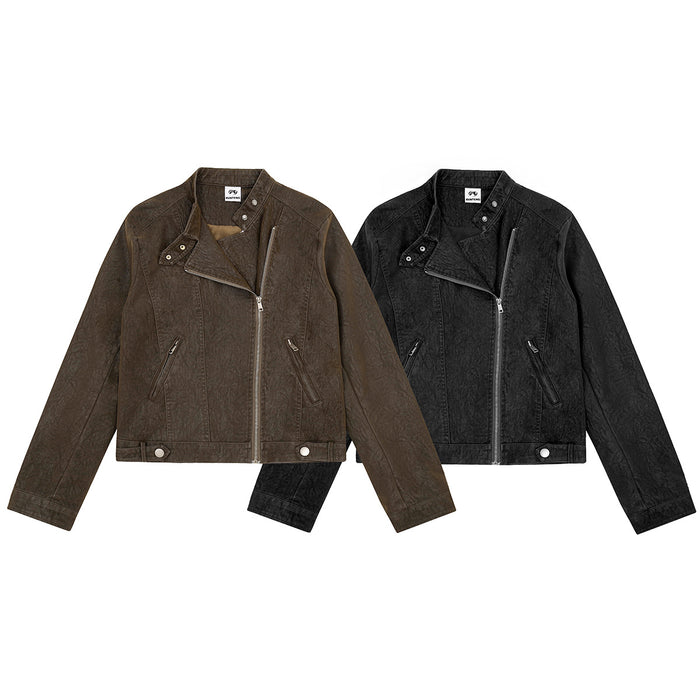 Front view of distressed brown and black cropped moto jackets with asymmetric zippers and notched lapels