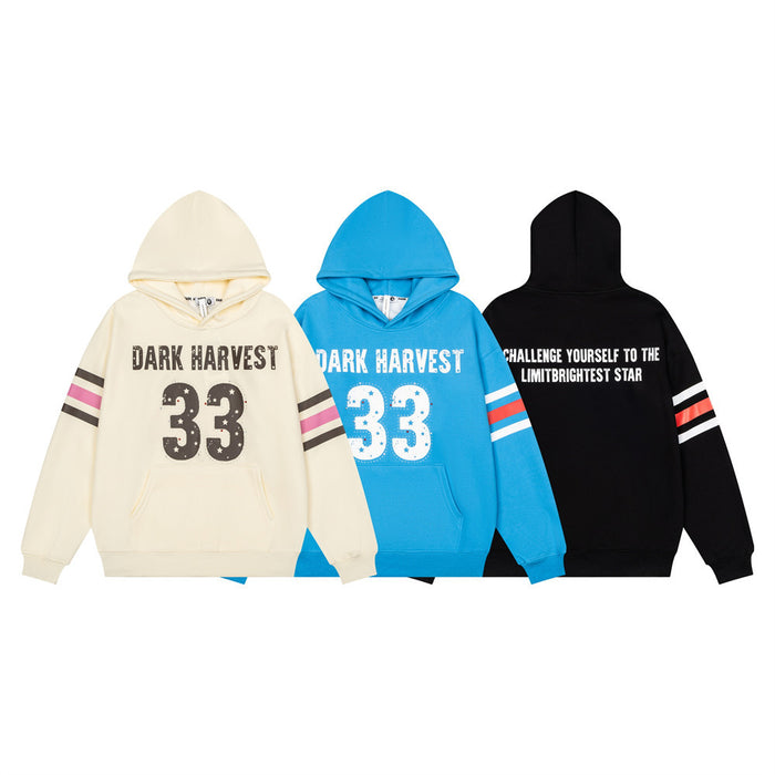 Three Dark Harvest 33 pullover hoodies in cream, blue, and black showing front and back designs