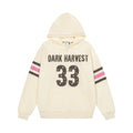 Men's oversized Dark Harvest 33 graphic pullover hoodie in cream with contrast stripe sleeves and kangaroo pocket