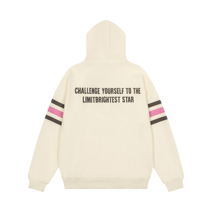 Cream pullover hoodie shown from the back with sleeve stripes and challenge yourself text