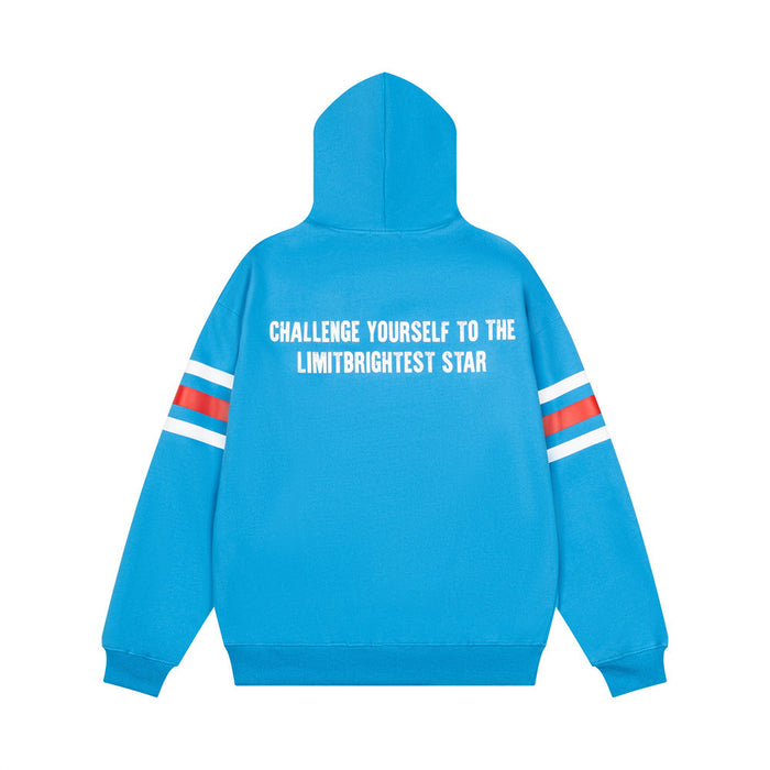 Blue pullover hoodie back with challenge yourself text and white and red sleeve stripes
