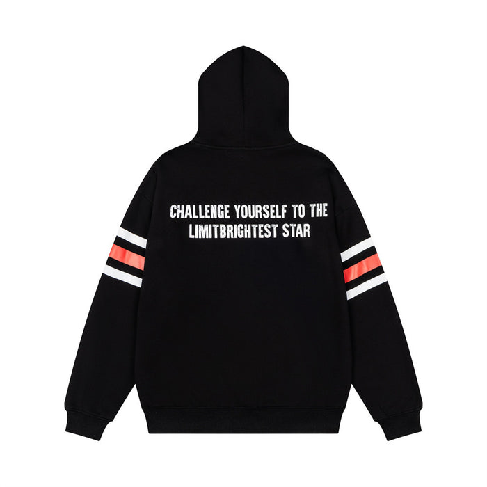 Black pullover hoodie back with challenge yourself text and white and red striped sleeves