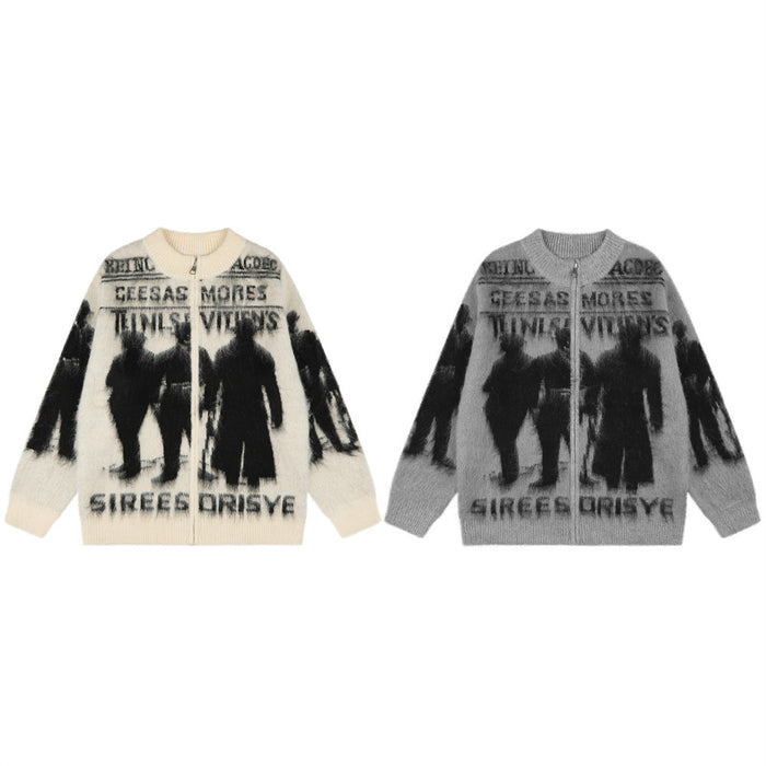 Dark Silhouette Figure Zip-Up Knit Cardigan Sweater – Oversized Streetwear