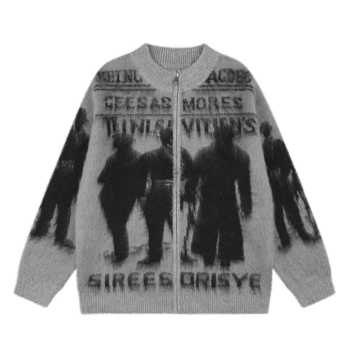 Dark Silhouette Figure Zip-Up Knit Cardigan Sweater – Oversized Streetwear