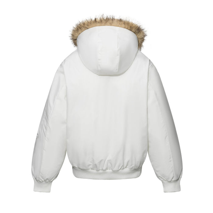Diagonal Zip Hooded Bomber Jacket with Faux Fur Trim – Oversized Winter Puffer
