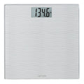 White digital bathroom scale with a textured wave pattern and a central display reading 139.6 lb