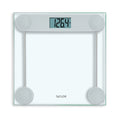Digital glass scale with clear metal accents and a clean white base