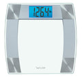 Top edge close up of a silver digital glass scale with turquoise accent trim.