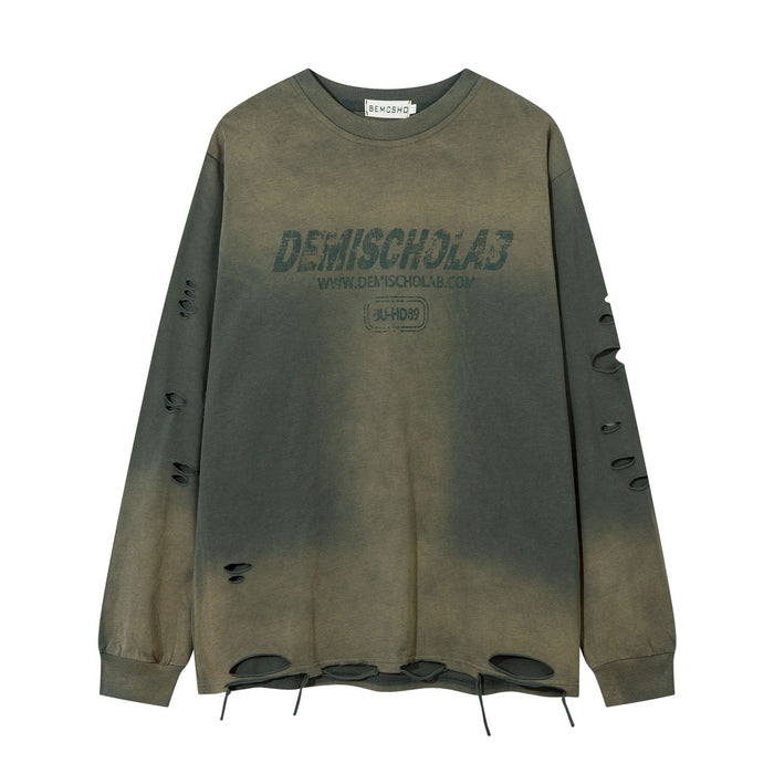 Demischolab acid-washed distressed long sleeve tee in olive green with ripped sleeves and drawstring hem