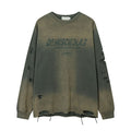 Demischolab acid-washed distressed long sleeve tee in olive green with ripped sleeves and drawstring hem