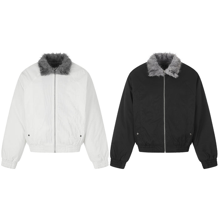 White and black padded bomber jackets with gray faux fur collars, front zippers, ribbed hems, and cuffs