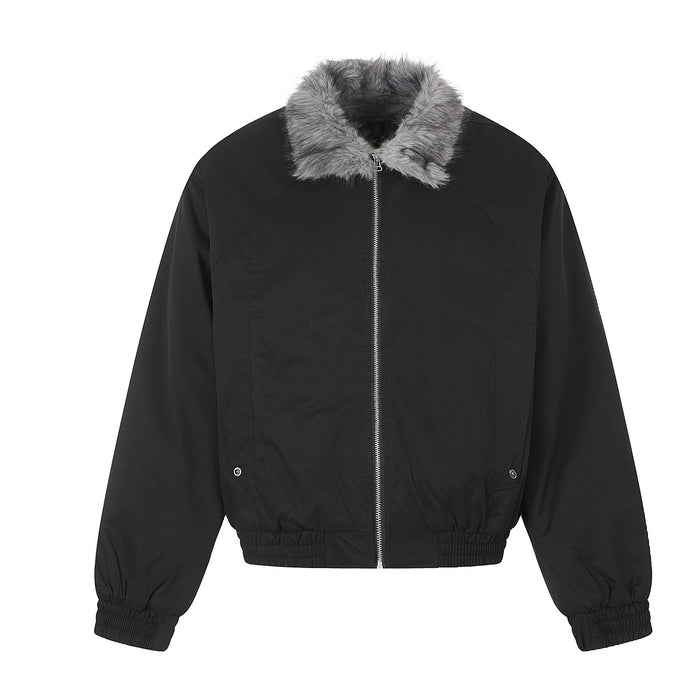 Black padded bomber jacket shown from the front with gray faux fur collar, silver zipper, and elastic hem