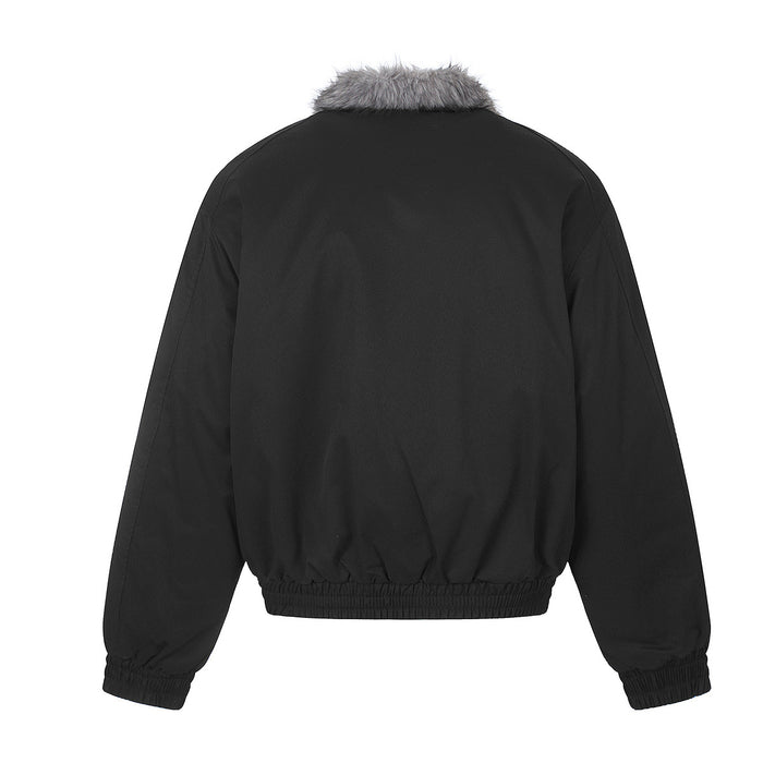Back view of the black padded bomber jacket showing its plain shell, gray fur collar, and ribbed hem