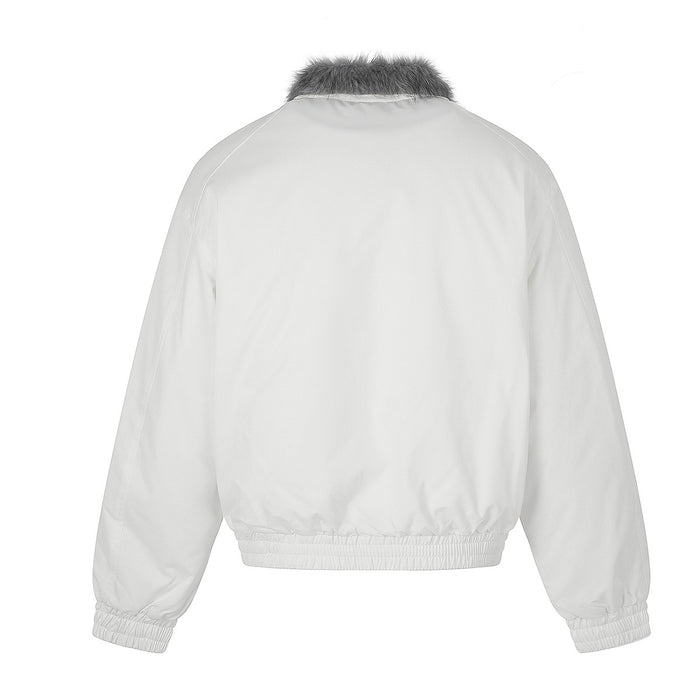 Back view of the white padded bomber jacket with a plain shell, gray faux fur collar, and ribbed hem