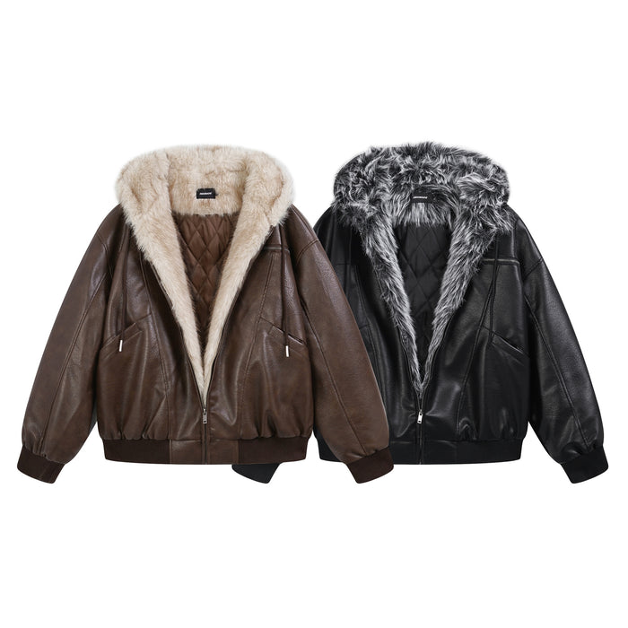 Oversized faux leather bomber jacket with fur-lined hood in dark brown and black, open front showing quilted interior lining
