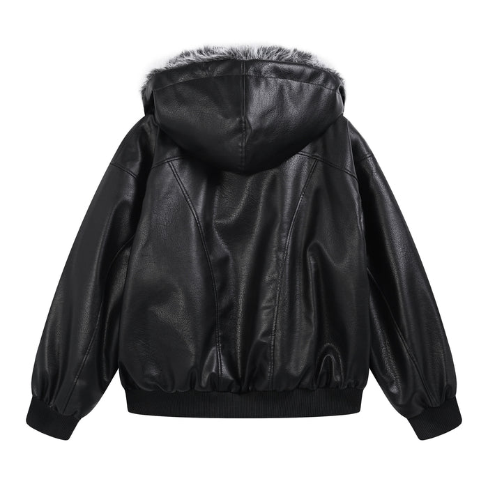 Black faux leather bomber jacket back showing hood, stitched panels, ribbed hem and cuffs