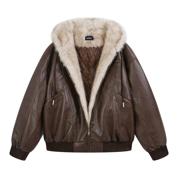 Brown faux leather bomber jacket front with cream fur-lined hood, zip pockets and ribbed hem