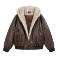 Brown faux leather bomber jacket front with cream fur-lined hood, zip pockets and ribbed hem