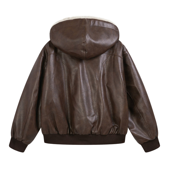 Brown faux leather bomber jacket back showing hood, stitched panels and dark ribbed hem