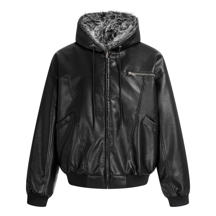 Black faux leather bomber jacket front zipped closed with fur-lined hood and chest pocket