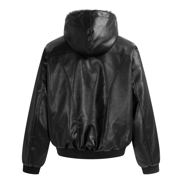 Black faux leather bomber jacket back with hood, stitched shoulder panels and ribbed hem