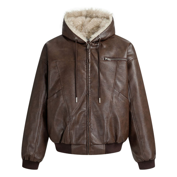 Brown faux leather bomber jacket front zipped closed with cream fur-lined hood and chest pocket