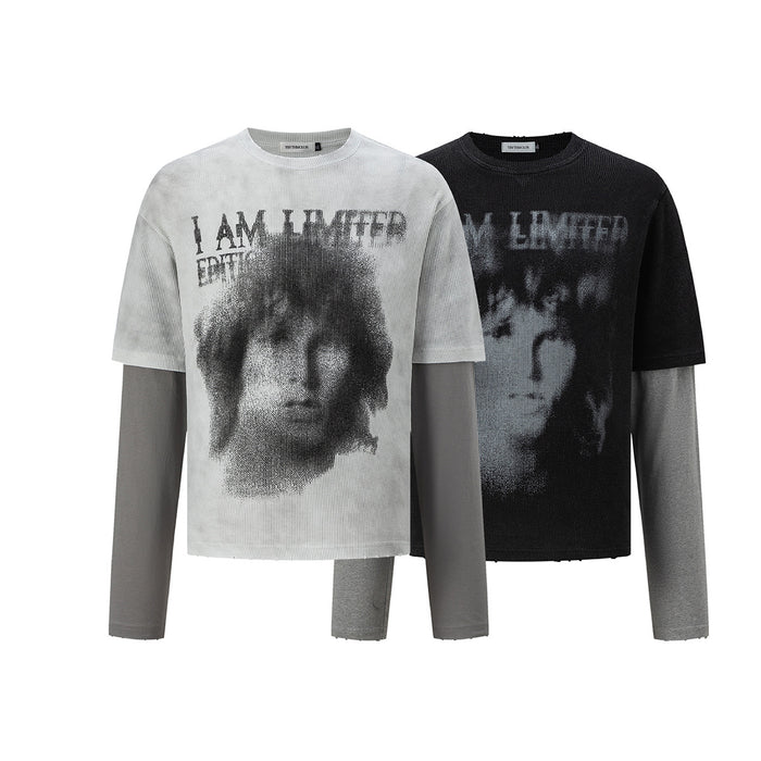 Two faux two-piece waffle knit shirts in light gray and black, each with a face graphic and layered gray sleeves