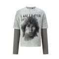 Faux two-piece waffle knit long sleeve graphic tee with halftone face print and I AM LIMITED EDITION text in off-white colorw