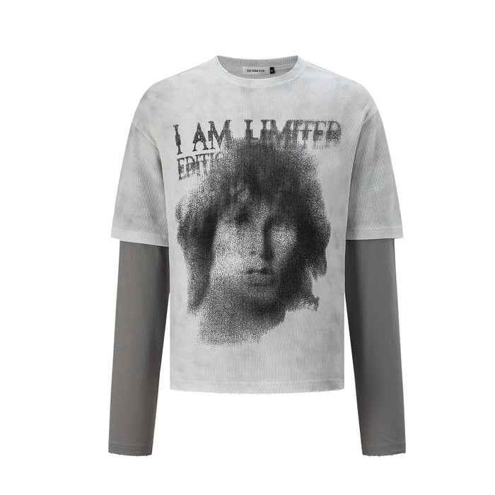 Faux two-piece waffle knit long sleeve graphic tee with halftone face print and I AM LIMITED EDITION text in off-white colorw