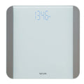 White glass digital bathroom scale with rounded chrome edges and a digital readout