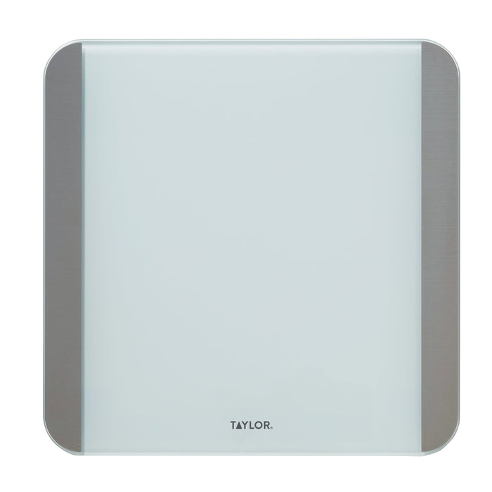White glass digital bathroom scale with motion and light sensors, rounded corners and metal side trim.