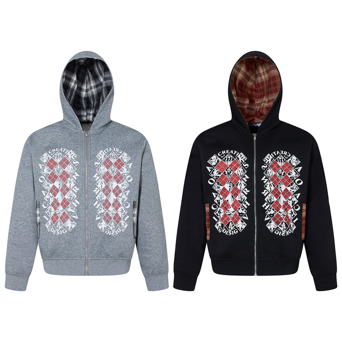 Argyle graphic full-zip hoodie with flannel-lined hood in heather grey and black, shown front view