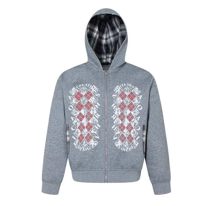Front view of a gray zip-up hoodie with argyle graphics, zip pockets, and plaid hood lining