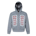Front view of a gray zip-up hoodie with argyle graphics, zip pockets, and plaid hood lining