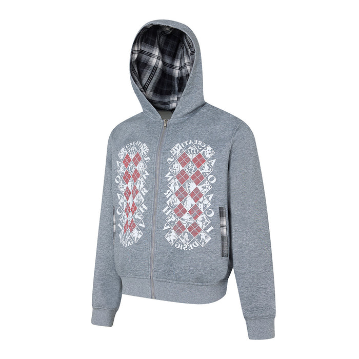 Angled front view of a gray argyle graphic hoodie with plaid lining visible inside the hood