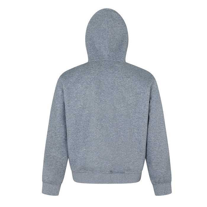 Back view of the plain gray zip-up hoodie showing the hood, sleeves, and ribbed hem