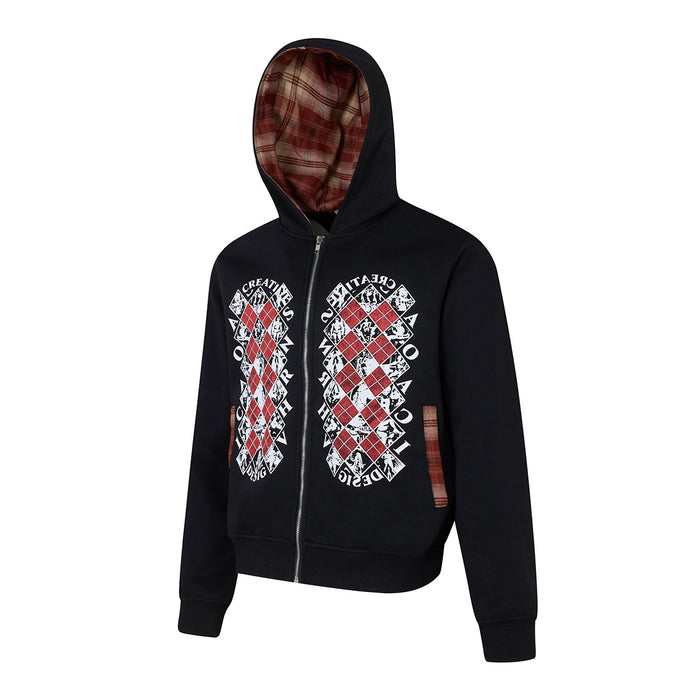 Angled front view of a black argyle graphic hoodie with red plaid hood lining and zip pockets