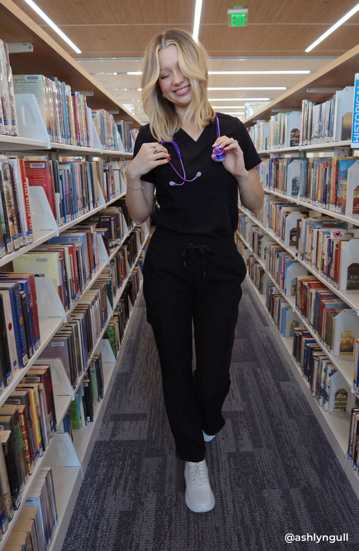 Women's Scrub Top Tuck-In V-Neck Black Healing Hands Quest Medical Apparel MDF Instruments HH755