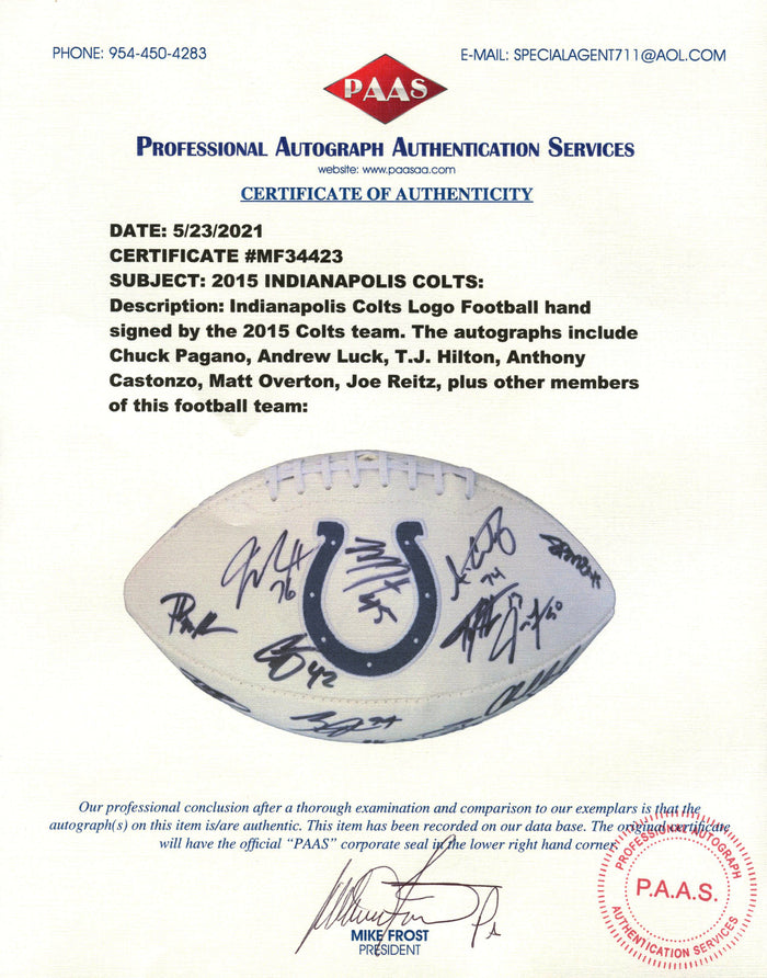 Indianapolis Colts 2015 Team Signed Autographed White Panel Logo Football PAAS Letter COA Luck Pagano