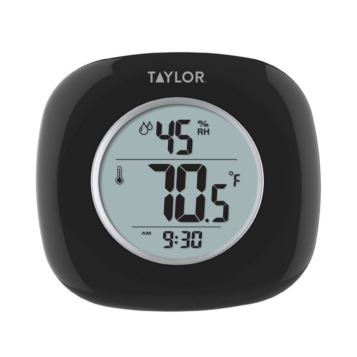 Back view of a black Taylor indoor thermometer with hygrometer showing SET and MEM buttons