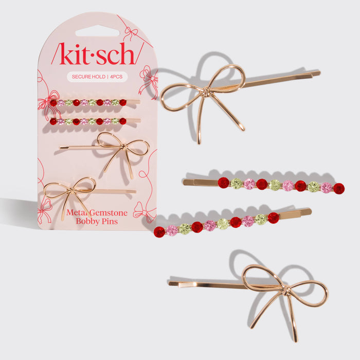 Kitsch Gemstone and Bow Bobby Pins 4pc Set