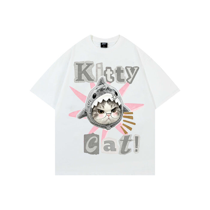 Men's oversized short-sleeve graphic tee with grumpy cat in shark costume meme print, available in washed black and white