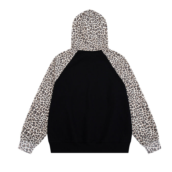 Back view of black raglan hoodie with leopard-print hood and sleeves and a plain black body