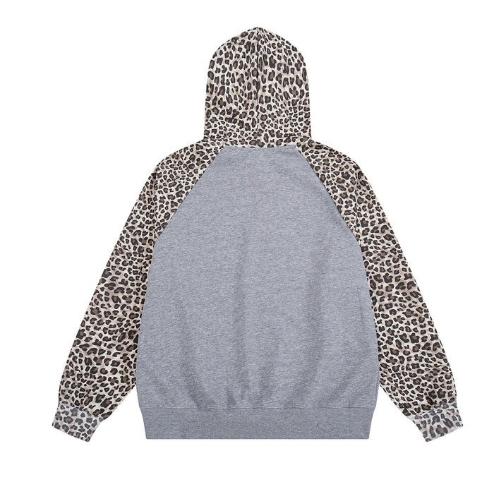 Back view of gray raglan hoodie with leopard-print hood and sleeves and a plain gray body