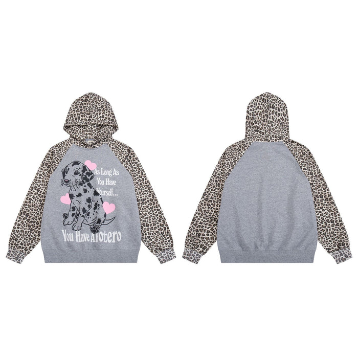 Front and back views of the gray hoodie with puppy and pink heart graphic and leopard-print hood and sleeves