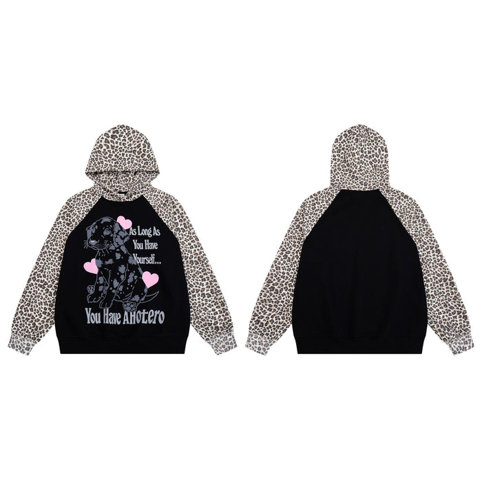 Front and back views of the black hoodie with puppy graphic, pink hearts, and leopard-print raglan sleeves