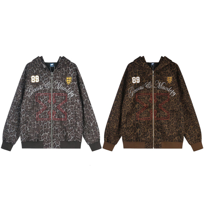 Front view of two leopard-print zip-up hoodies in charcoal gray and brown with varsity-style graphics