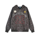 Front view of a charcoal gray leopard-print hoodie with 88, script lettering, crest patch and red varsity graphic