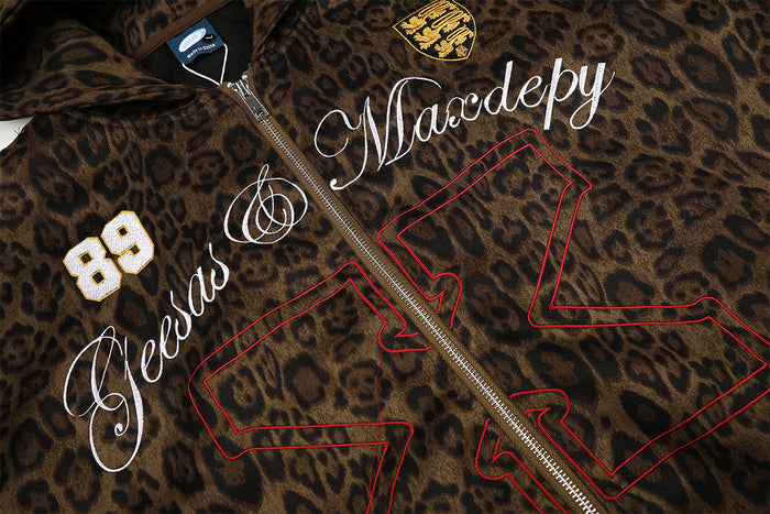 Close-up of the brown leopard-print front showing script lettering, 88 patch, crest and red outlined graphic