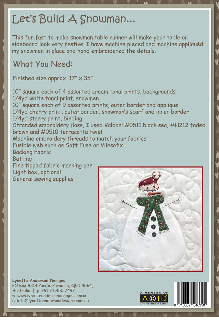 Let's Build a Snowman Tablerunner by Lynette Anderson Pattern Back